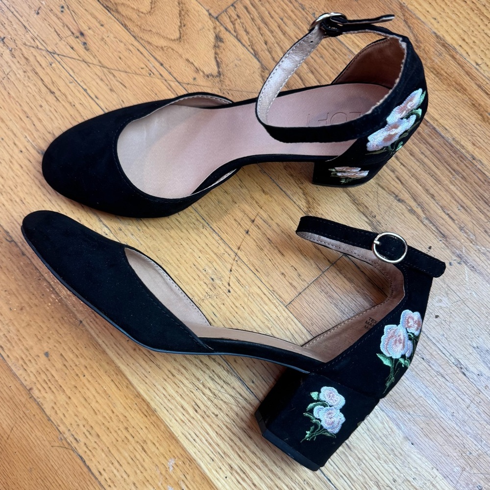 Loft Floral Embroidered Black Block Floral Heels